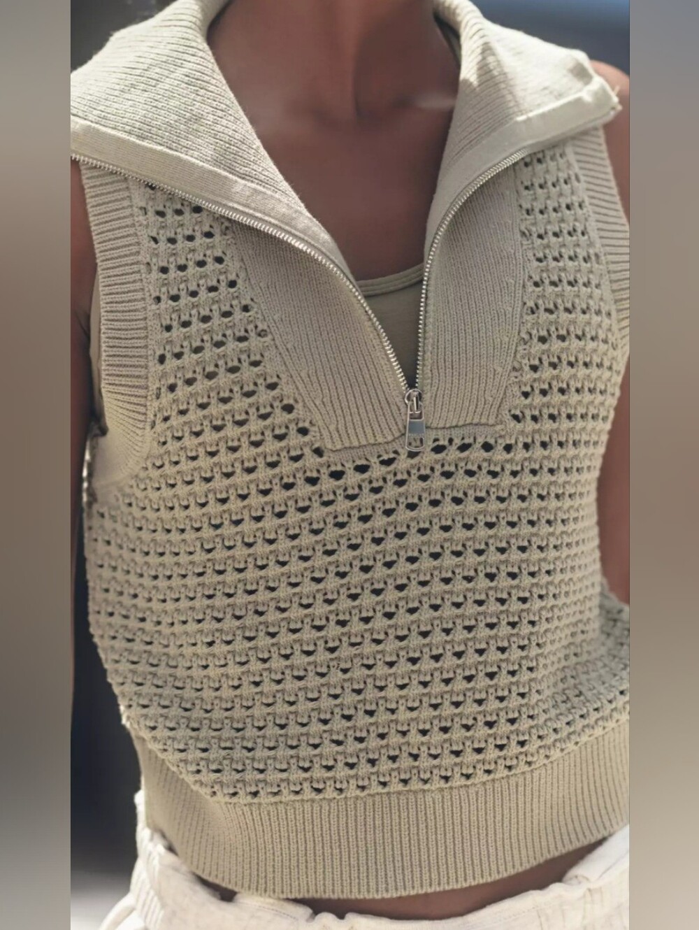 Varley Sage Green Zip-Front Open-Knit Sleeveless Sweater Vest